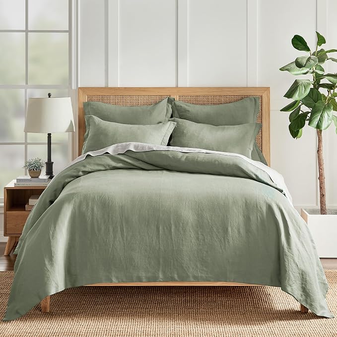 Levtex Home - 100% French Flax Linen - King Duvet Cover - French Flax Washed Linen - Sage Green - Duvet Cover Size (106x94in.)