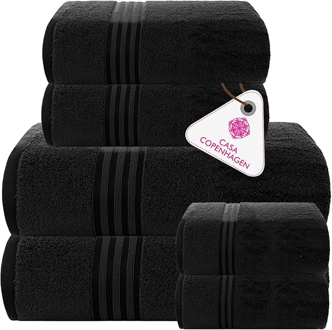 CASA COPENHAGEN Zero Twist 6Pcs 100% Egyptian Cotton Large Designer Towels Gift Set- Pitch Black, 600 GSM, 2Bath 2Hand 2Washcloths, Bath Towels for Bathroom Set for Women & Men