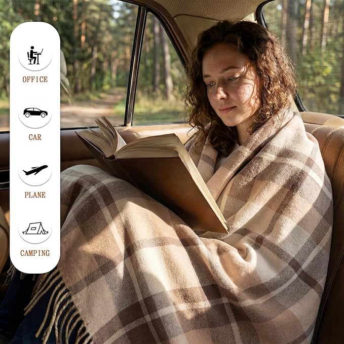 Soft Pure Wool Throw Blanket, Lightweight Warmth, 55"x83", Plaid, Fringe, Compact with Bag, Useful Gift for Women Men, All Season Decorative Cozy Travel Blanket for Couch Bed, Outdoors