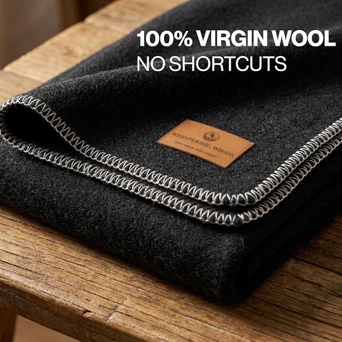 Whispering Winds 100% Wool Blanket, Premium King Size (108"x90") | Soft, Warm, Thick, Comfortable, For Bed, Couch, Home, Car, Camping, Outdoors, Survival