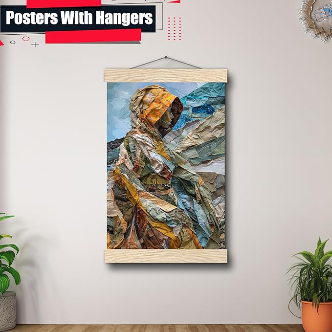 Print artistic nicely depicts a wild mountains, many pieces of fabric and torn paper of different textures and colors, Minimalist Wall Art, Wall
