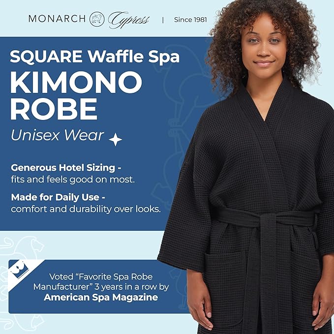 MONARCH Unisex Square Waffle Spa Kimono Robe – Soft Lightweight Fabric & Generously Sized Hotel & Spa Robe with Pockets