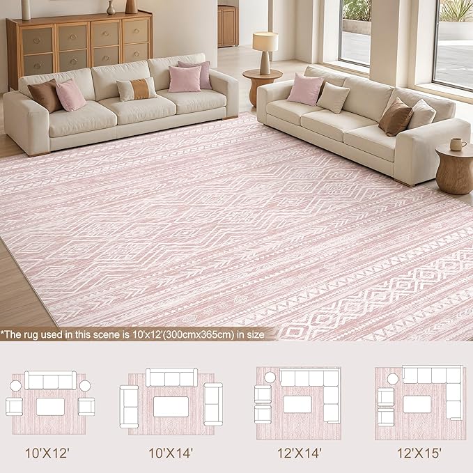 Tortania Area Rug Living Room Rugs- 10x12 Washable Large Soft Neutral Boho Moroccan Bohemian Farmhouse Rug Indoor Floor Carpet for Bedroom Under Dining Table Home Office Decor - Pink