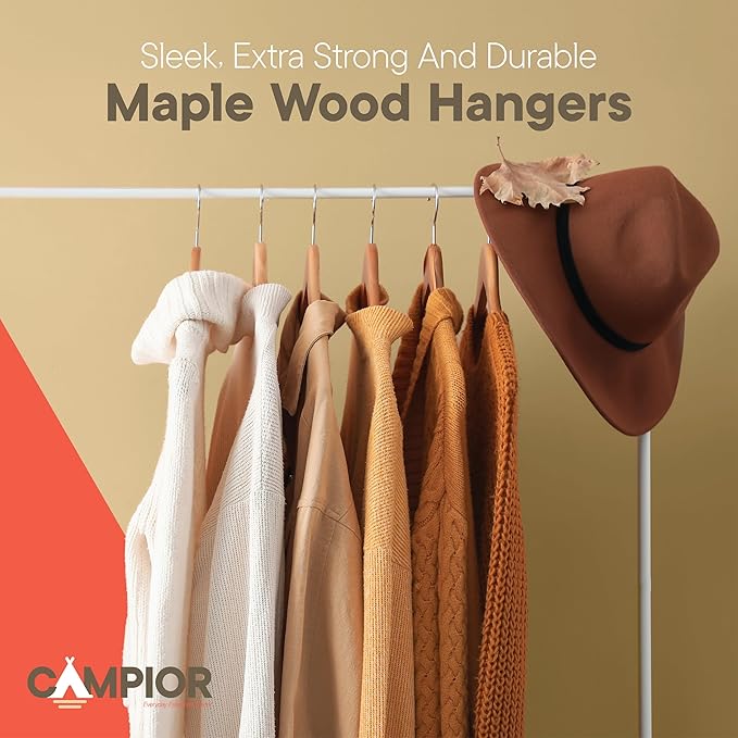 Brown Wooden Hangers 100 Pack – Heavy-Duty with 360° Swivel Hook, Non-Slip, Pants Bar & Shoulder Grooves - Wooden Hangers for Suits, Jackets, Dresses & Camisoles, Space-Saving and Smooth Finish