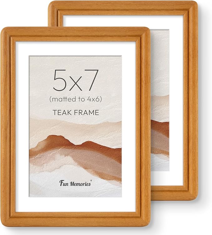 5x7 Picture Frame with Mat for 4x6, USA-Sourced Teak Wood Handcrafted Rounded Corner with HD Tempered Glass, 5 x 7 Photo Frames Gallery Wall & Tabletop, Vertically or Horizontally, 2 Pack