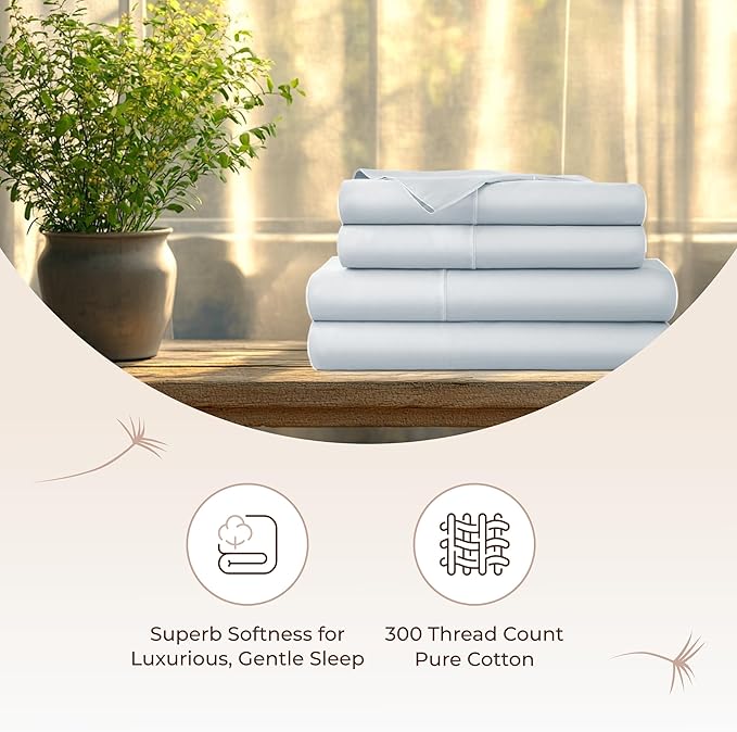 100% Organic Cotton Sheets Twin Size - GOTS Certified Organic Bed Sheets with Deep Pocket 300 Thread Count & Cozy Sateen Weave Gets Softer with Each Wash - Luxury 3 Piece Set (Powder, Twin XL)