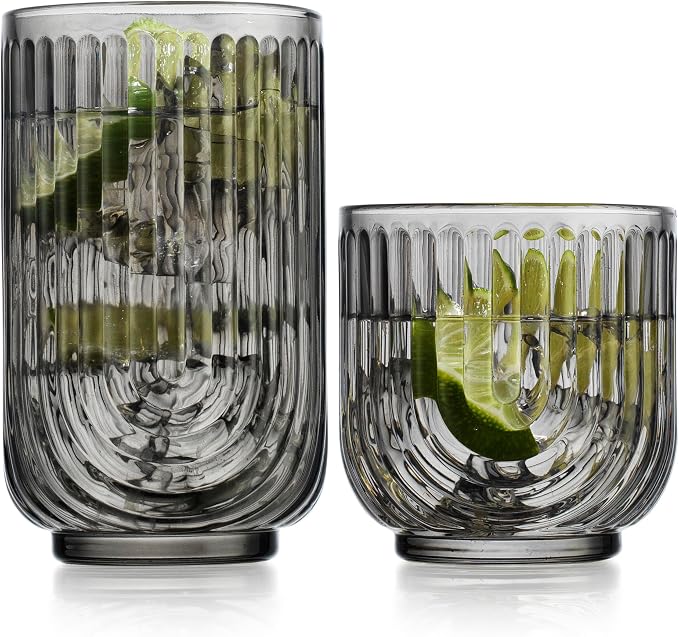 16 Piece Smoke Glassware Set, Beautiful Art Deco Black Drinking Glasses, Ribbed U-Shape Design, 8 Highball 17oz and 8 Whiskey 11oz DOF Handwash Only
