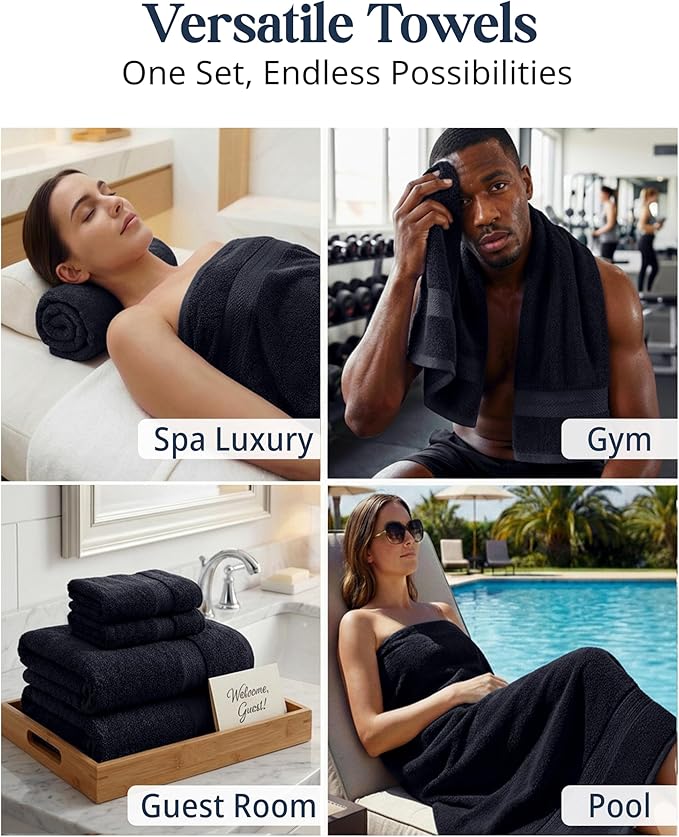 LANE LINEN Bathroom Towels Sets - 24 PCs - 100% Cotton Towels - Absorbent & Quick Drying - 4 Bath, 4 Fingertip, 6 Hand Towel, 8 Washcloth, 2 Bath Sheet - Housewarming Essentials - Black Towels