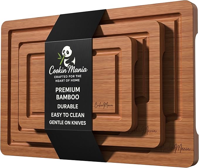 Bamboo Cutting Board Set of 3 for Kitchen – Wooden Chopping Boards with Juice Grooves & Built-In Handles, Durable Food-Safe Bamboo Boards for Meat, Vegetables & Fruits