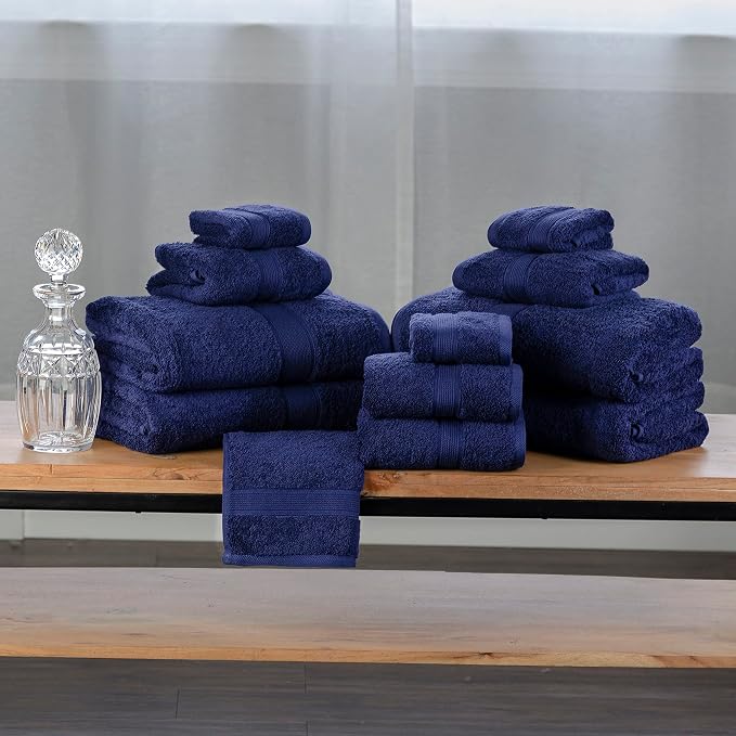 Superior Organic Cotton Solid Accessories for Bathrooms Towel Set, 12PC, Navy Blue 12 Piece