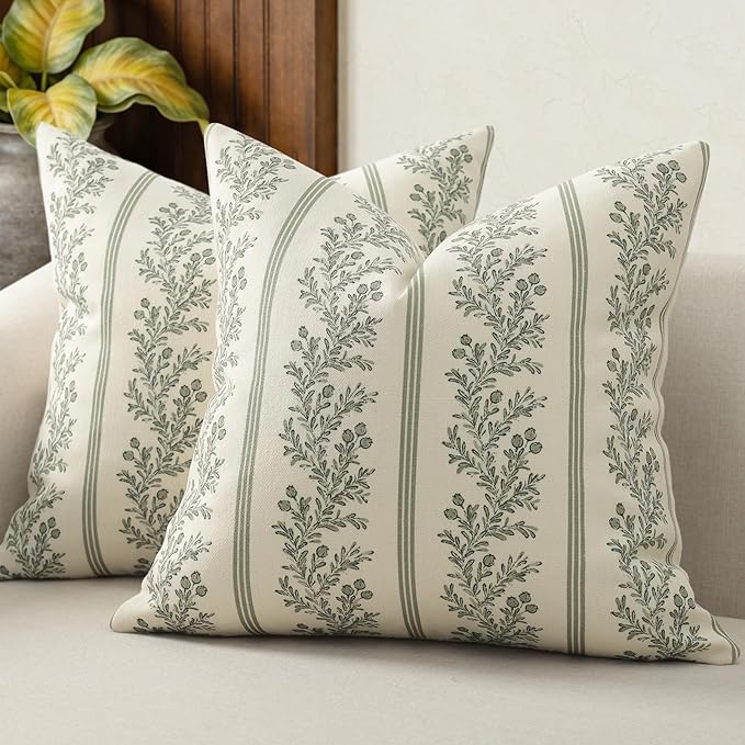 Vintage Throw Pillow Covers 18x18 Set of 2, Striped Floral Pillow Cover Botanical Patterned Decorative Cushion Covers Modern Farmhouse Home Decor for Sofa Couch Bed Living Room, Moss Green