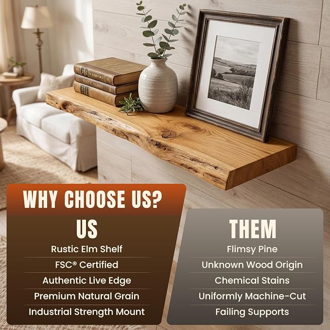 36" Live Edge Floating Shelves, Solid Elm Wood Shelf, Set of 2 | 1.4"Extra Thick, 9.3" Deep Heavy Duty Storage, Artisan Natural Finish for Kitchen, Coffee Bar & Living Room