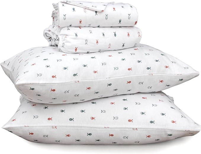 RUVANTI Flannel Sheets Queen Size - 100% Cotton Double Brushed Bed Sheets, Deep Pockets 16 Inches Queen Sheet Set, All Seasons Breathable & Extra Soft - Warm & Cozy, 4 Piece, Little Swimmers