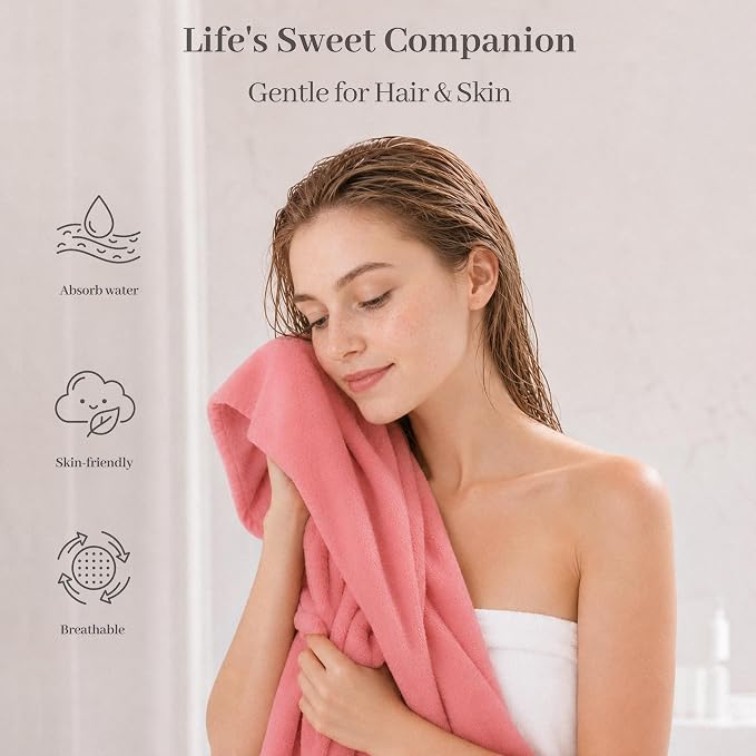 ROLSHOL Cotton Hair Towel Wrap for Women, 2 Pack 100% Cotton Hair Drying Towels for Long, Thick & Curly Hair, 32" x 11" Large Hair Turban for Wet Hair with Elastic Band (Pink)
