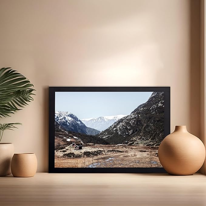 Monem Art Scandinavian Mountain Cabin Landscape Photography Print - Nordic Nature Scenic Art Poster - Wall Decor for Living Room, Bedroom or Office - 16x20 Black Framed Wall Art by Mareike Bohmer