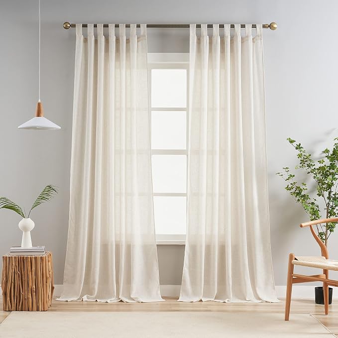 Natural Linen Semi Sheer Curtains Tab Top Light Filtering Elegant Curtains & Drapes for Living Room 52 x 90 Inch Length, Set of 2 Panels