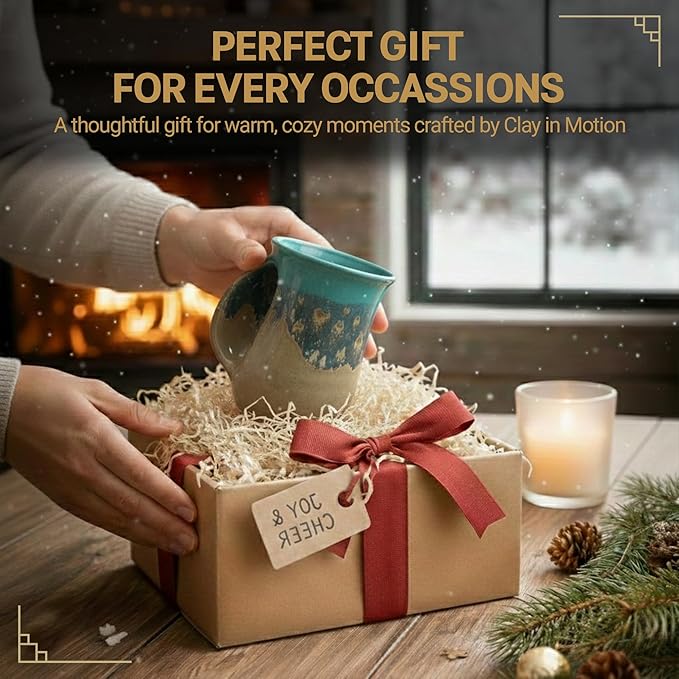 Clay in Motion Hand Warmer Coffee Mug – Handmade Coffee Mug With Comfortable Handle Contoured Pocket Hand Warming Ceramic Coffee Mug – Proudly Made in USA – Left Handed – 14 Oz - Island Oasis