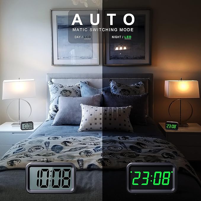 Digital Alarm Clock Battery Operated with Unique LCD/LED Display, Night Visible Cordless Small Clock for Bedroom, Wall, Travel (Green-Display)