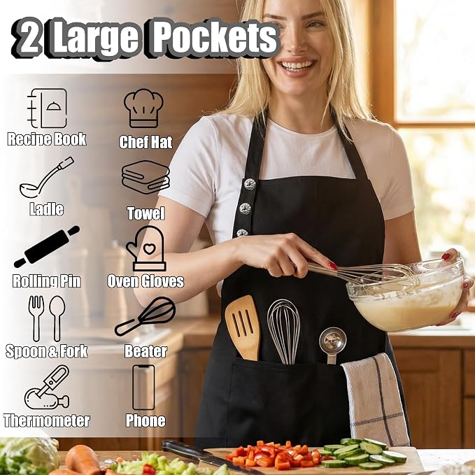 TOSHE Kitchen Apron Waterdrop Resistant Cotton Apron with adjustable Aprons for Women with Pockets 10 Color option Cooking Black Apron (Black)