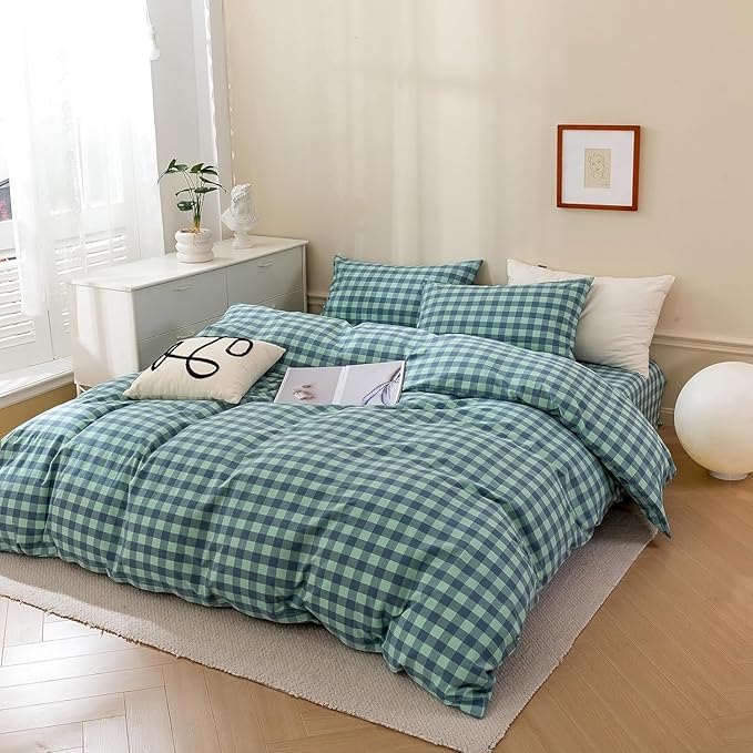 mixinni Green Gingham Grid Duvet Cover Twin, 100% Washed Cotton Modern Geometric Bedding Set with 2 Pillowcases, Farmhouse Style Blue Plaid Comforter Cover Set for Men & Women, Soft & Lightweight
