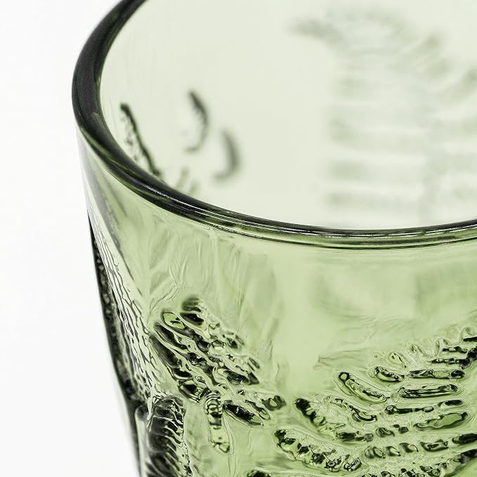 Green Drinking Glasses Set of 4, 10 oz Hand-Pressed Old Fashioned Glass Cups, Fern Textured Retro Lowball Tumblers, Vintage Glassware for Water, Whiskey, Wine, Cocktails & Juice, Housewarming Gift Set