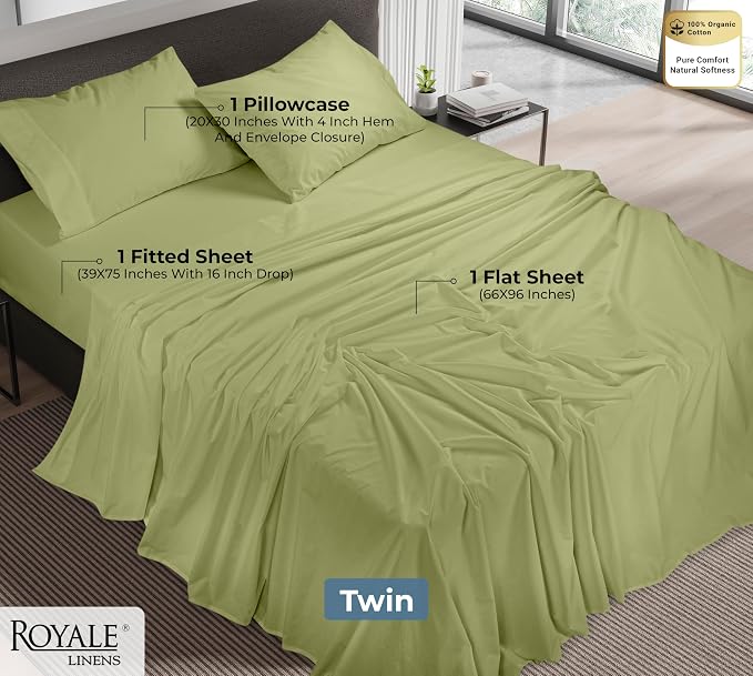 ROYALE LINENS 100% Organic Cotton Twin Sheet Set - Percale Weave - 3 Pieces Set - 1 Flat, 1 Deep Pocket Fitted Sheet and 1 Pillowcases - Sage Green Bed Sheets - Sábanas Twin - Crisp Cool (Sage Green)