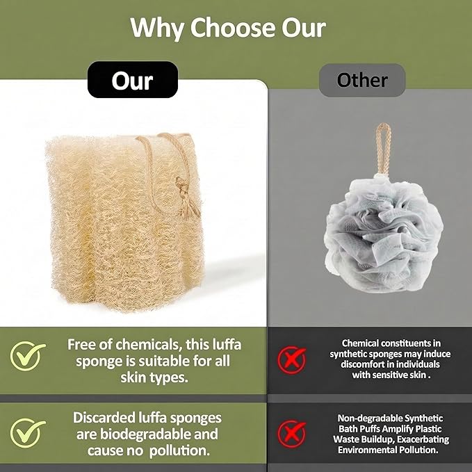 2 Pack HungkaTurn Natural Egyptian Loofah Body Scrubber, 100% Organic Luffa Exfoliating Sponge for Men&Women, Gentle Skin Cleansing Shower Scrubber for Radiant Smooth Skin, Large Spa-Grade Body Loofa.
