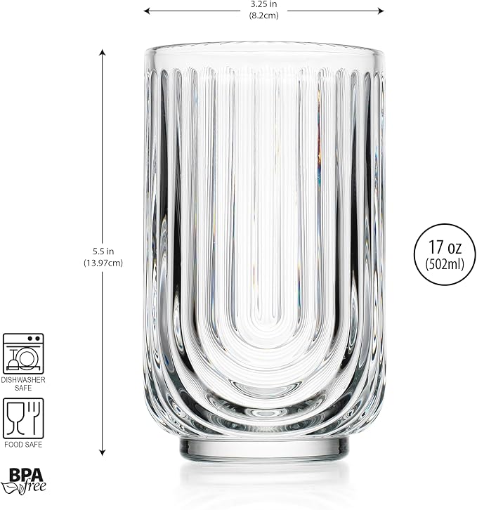 Glaver's Drinking Glasses Set of 8. 17oz Vintage Drinking Cups. Ripple Cocktail Glasses, Ribbed Drinking Highball Glass Cups. Arch Designed Art Deco Glassware for Water Juice Coffee. Package may Vary