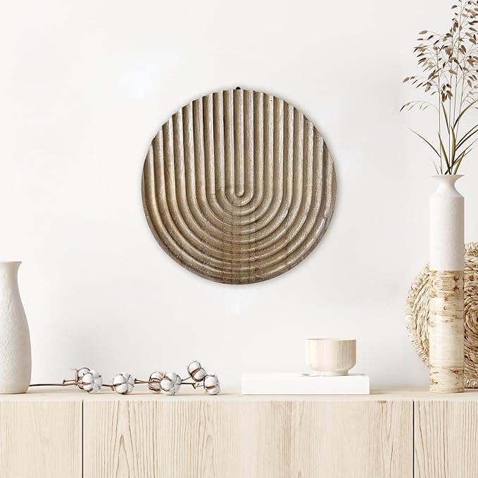 Musanpou Hand-carved Round Art Decor for Home and Living Room Wall Simple Wooden Farmhouse Wall Decor (Natural)