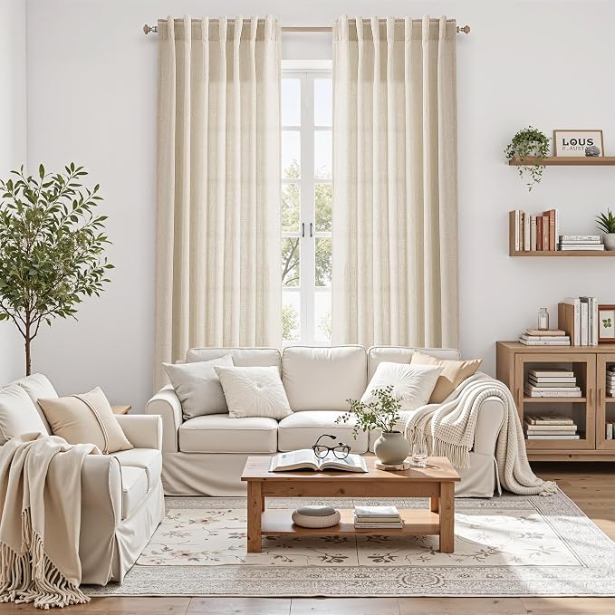 Cream Beige Linen Curtains for Living Room 100 Inches Long Light Filtering Semi Sheer Curtain Back Tab Modern Farmhouse Decor Elegant Luxury Coastal Drapes for Bedroom Dinner Room 52x100, 2 Panels