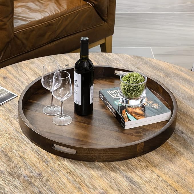 24 x 24 Inches Black Walnut Large Round Ottoman Tray, Solid Wooden Circle Platter Decorative Table Serving Tray with Handles for Oversized Ottoman Home Breakfast in Bed Tea Coffee