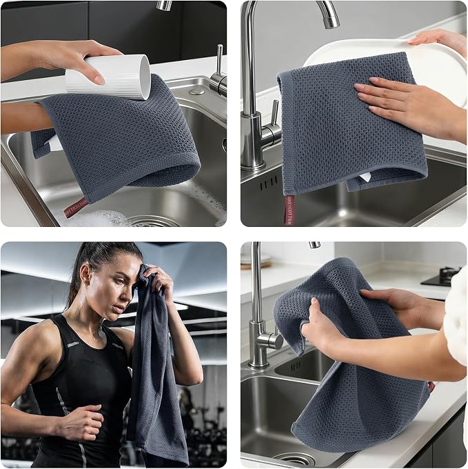 REDKISS Quick Dry Waffle Towel Set of 8, 100% Cotton,Lightweight & Highly Absorbent Waffle Towels for Bathroom, Spa, Gym, Pool-2 Bath Towels, 2 Hand Towels & 4 Washcloths,Dark Gray