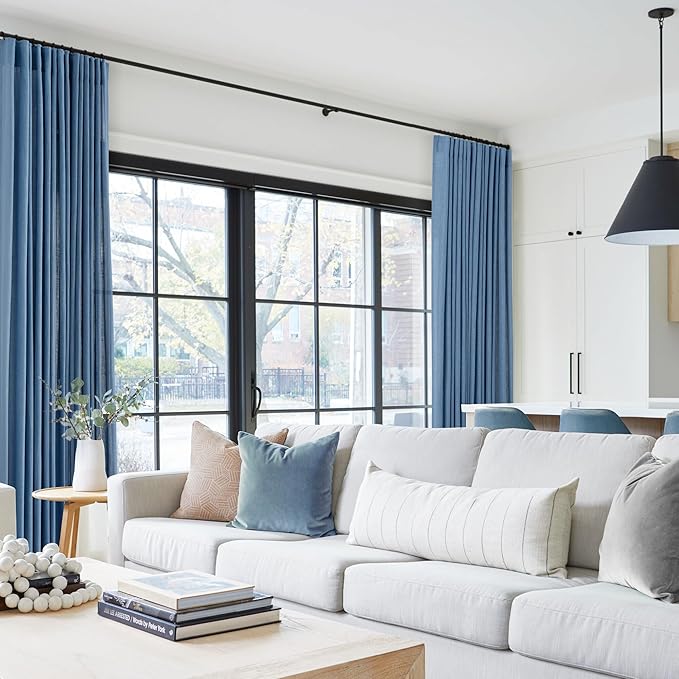 Denim Blue Curtains for Living Room Back Tab Modern Farmhouse Semi Sheer Blue Curtains 45 inches Long 2 Panels Set Muted Neutral Window Curtain for Dining Room Bedroom 52x45