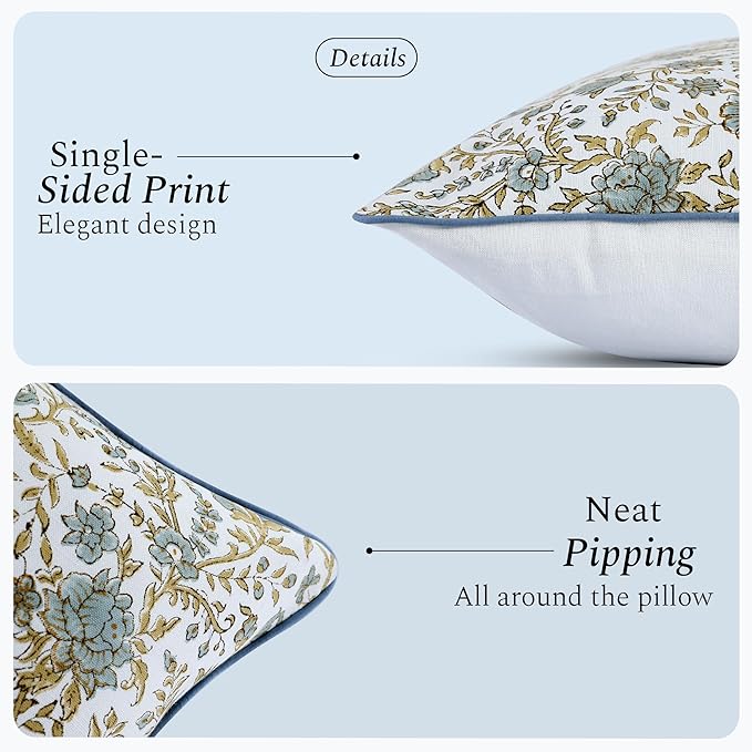CPC Vintage Garden Blue Block Print Throw Cushion Cover 20 x 20 Inch Set 2 - Decorative Boho Floral Pillow Case for Living Room, Bed, Sofa, Couch, Home Decor Gift for Spring, Mother's Day