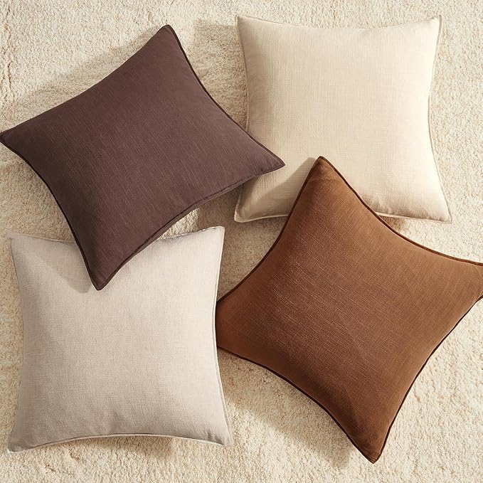 Pack of 4 Linen Lumbar Pillow Covers Neutral Farmhouse Couch Throw Pillows for Bed Accent Modern with Flange Design Pillowcase Sofa Livingroom Home Decor 12x20 Inch