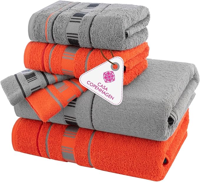 CASA COPENHAGEN X Line 6Pcs 100% Egyptian Cotton Large Designer Towels Gift Set- Grey - Red, 600 GSM, 2Bath 2Hand 2Washcloths, Bath Towels for Bathroom Set for Women & Men