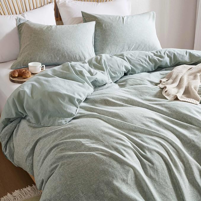 Hyde Lane Linen Duvet Cover Set King Size, 3Pcs Textured French Flax Linen Cotton Blend Bedding Set, Natural and Organic, Soft and Breathable, with 2 Pillow Shams, 104"x90", Sage