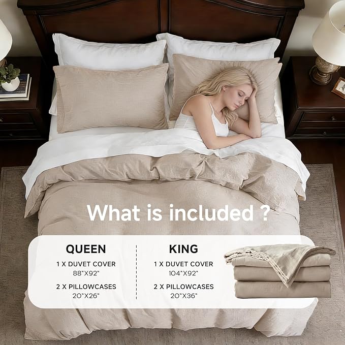 QKTE French Linen Duvet Cover Set, 3 PCS Natural French Flax Beige Duvet Cover Queen Size, Breathable Soft Comfy Linen Bedding Comforter Cover with 2 Pillowcases(Beige, 88" x 92")