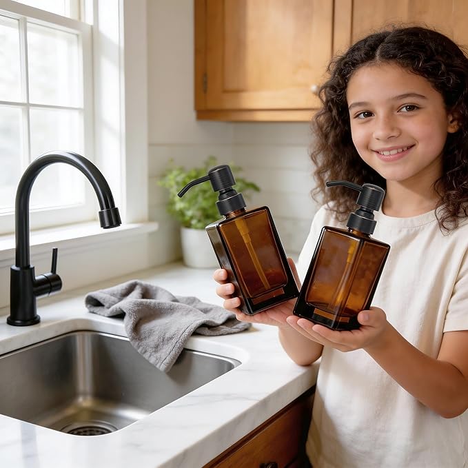 13.5 Oz Coffee Glass Soap Dispenser with Rust Proof Stainless Steel Pump, Antique Design Refillable Square Lotion Dispenser for Bathroom, Premium Kitchen Hand Soap (Oil Rubbed Bronze)