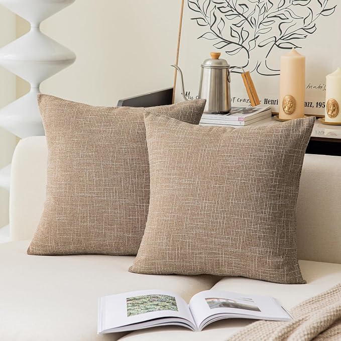 Kevin Textile Set of 2 Textural Faux Linen Throw Cushion Pillow Covers Shams for Couch, Invisible Zipper, 55x55CM, Natural Linen