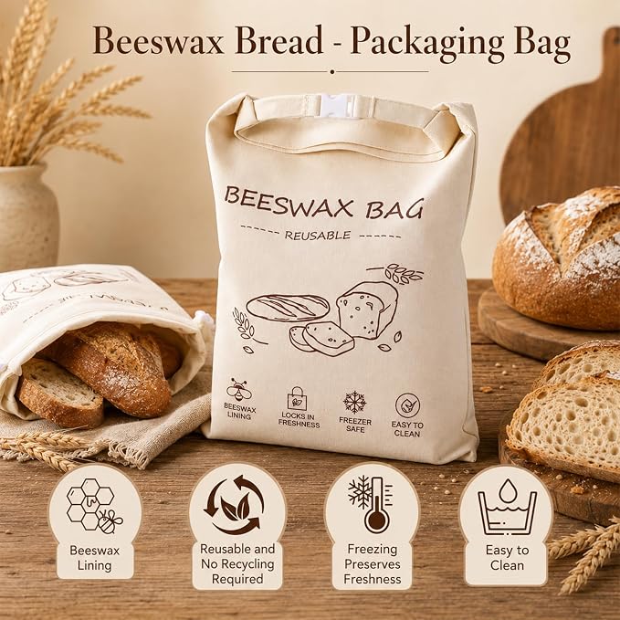 2 Packs Reusable Beeswax Bread Bags 13x17 Inch | Keep Bread Fresh for Days Moisture Lock Linen Food Storage for Homemade Sourdough Bread