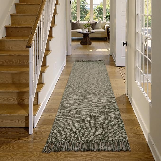 Collive Long Carpet Runners for Hallway 2.6x8ft, Washable Cotton Woven Kitchen Runner Rugs Low-Profile Entryway Rug, Natural/Green Modern Front Door Floor Carpet for Laundry Room Bedroom Doorway