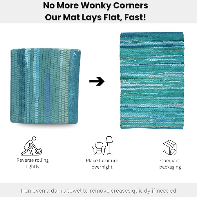 Ramanta Home Hand Woven 100% Cotton Chindi Rag Rug 2'x3' - Teal, Recycled Reversible Rug, Boho Farmhouse Rugs for Living Room, Dinning Room, Kitchen, Entryway, Bedroom Rugs - 24"x36"