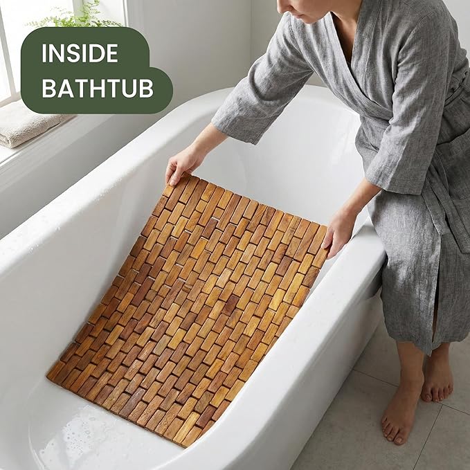 Teak Bath Mat & Shower Mat (24" x 16.5") | Wooden Flooring for Bathtub & Bathroom | Foldable & Non Slip Wood Bathmat