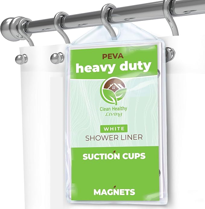 Clean Healthy Living Heavy Duty PEVA White Shower Curtain Liner with Magnets & Suction Cups - 70 X 72 in. Long