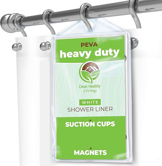 Clean Healthy Living Heavy Duty PEVA White Shower Curtain Liner with Magnets & Suction Cups - 70 X 72 in. Long
