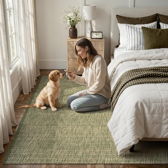 LEEVAN Boho Living Room Rugs 5X8 ft, Washable Woven Cotton Modern Bedroom Area Rug, Green/Natural Braided Floor Carpet for Dining Room Nursery Room, Outdoor Rug for Patio Balcony Decor