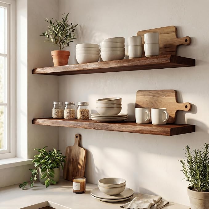 48" Live Edge Floating Shelf, Solid Elm Wood Wall Shelf | 1.4" Extra Thick, 9.3" Deep, FSC Certified Vintage Weathered Finish, Ideal Fireplace Mantel for Home Decor