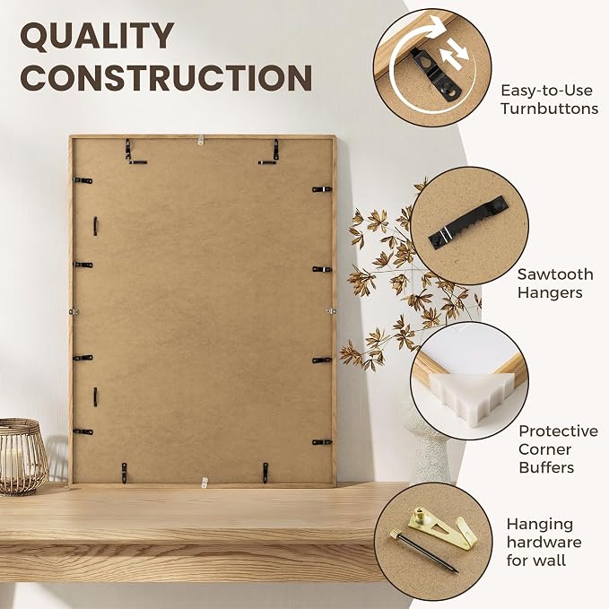24x30 Poster Frame, USA-Sourced Oak Wood Frame Wall Mounted, 24x30 Picture Frame with Real Glass, 24 x 30 Picture Frame Matted to 18x24 Photo for Vertical & Horizontal Hanging, 1 Pack