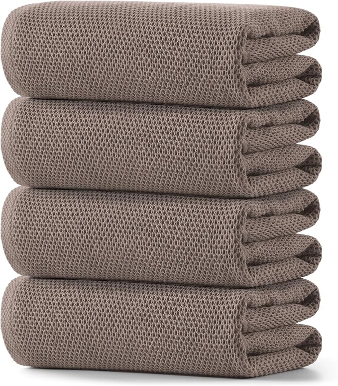 REDKISS 100% Cotton Waffle Weave Bath Towels 4 Pack - 27.5x55 Inches| Lightweight, Quick Dry & Highly Absorbent,Perfect for Spa, Gym, Travel, Guest Bathroom-Brown